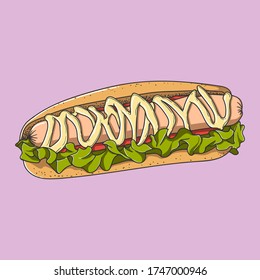 Hot sausage nested in a bun and seasoned with mustard and sauce.