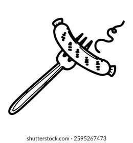 Hot sausage on a fork. Hand drawn doodle. Fried food on the grill. Barbecue weekend. Pork, beef, chicken. Vector line art illustration.