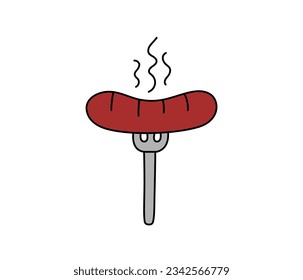 Hot sausage on fork vector isolated doodle element. Outline illustration of meat food. Hand drawn cute colorful doodles.
