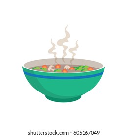 hot sausage soup with vegetable and mushroom in chinese bowl  on white background, vector illustration