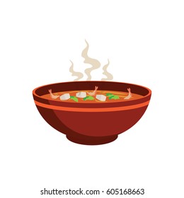 hot sausage soup with vegetable and prawn in chinese bowl and smoke effect on white background, vector illustration
