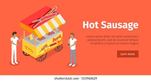 Hot sausage trolley in isometric projection style design icon. Street fast food concept. Food truck with grilled sausage illustration. Isolated on red background. Hot sausage mobile shop. Vector