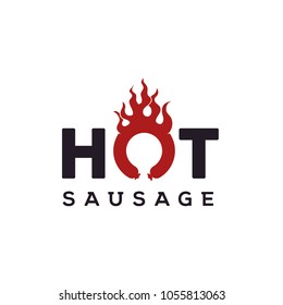 Hot Sausage typography with fire flame for BBQ Grill Barbecue logo design 