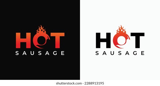 Hot sausage typography logo design with fire flame.