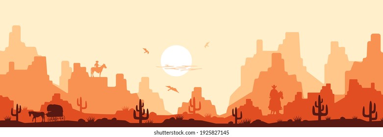 Hot savanna wild west background. Daytime yellow heat with silhouettes cacti and cowboys horseback orange mountains in haze of flying vultures vector