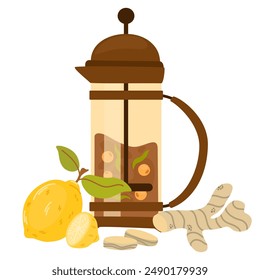 Té de espino amarillo caliente preparado en tetera de vidrio. Bebida aromática de frutas de hierbas en olla de prensa francesa con bayas de naranja de espino amarillo, limón, jengibre. Ilustración vectorial plana aislada sobre fondo blanco