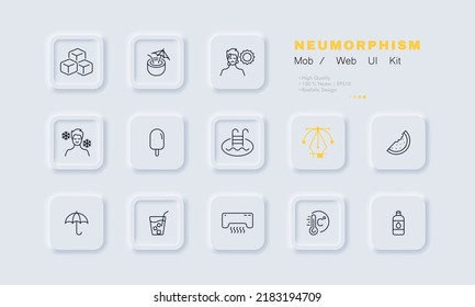 Hot season set icon. Ice cubes, cocktail, sun, snowflakes, cooling, ice cream, umbrella, water, conditioner, thermometer, pool, watermelon. Summer concept. Neomorphism. Vector line icon for Business.