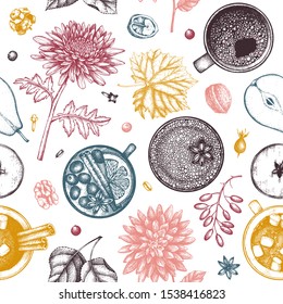 Hot seasonal drinks background. Mulled wine, hot chocolate, coffee, tea 
 with autumn plants and flowers illustrations. Hand drawn winter drinks sketches. Christmas bar menu template.