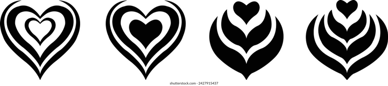 Hot set of coffee heart shape aroma steam in continuous drawing style. collection of Black design isolated on transparent background. coffee decorated with heart symbol, abstract logo icon design.