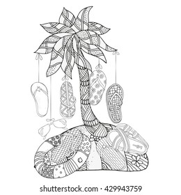 Hot set of hand drawn summer doodles elements.Starfish, lifebuoy, sunglasses, ball, flip-flops, hat, camera.  Black and white. Coloring book page for adult and children. Beach accessories. 