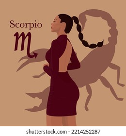 Hot And Sexy Scorpio Zodiac Woman In Deep Red Mini Sexy Dress. Scorpio Zodiac Sign And Symbol And Scorpion Background.