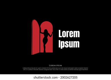 Hot Sexy Woman Girl Lady Female Silhouette With Red Door For Bar Nightclub Or Strip Dancer Logo Design Vector