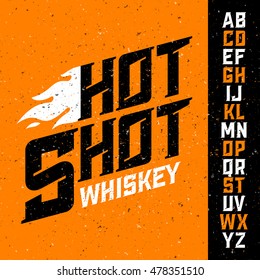 Hot Shot Whiskey vintage font with sample label design. Ideal for any design in vintage style. Vector illustration, eps10.