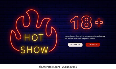 Hot show with fire neon emblem on brick wall. Landing page template. Sexual performance. Striptease logo. Night bright banner. Outer glowing effect promotion. Vector stock illustration