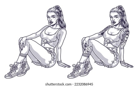 Hot sit girl monochrome emblem portrait cheeky female student in high-top sneakers and shorts posing for urban magazine vector illustration