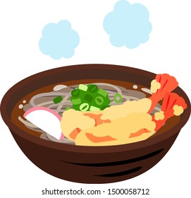 Hot soba noodles with fried shrimps
