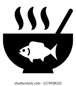 
Hot soup bowl containing spoon and fish icon known as fish soup 
