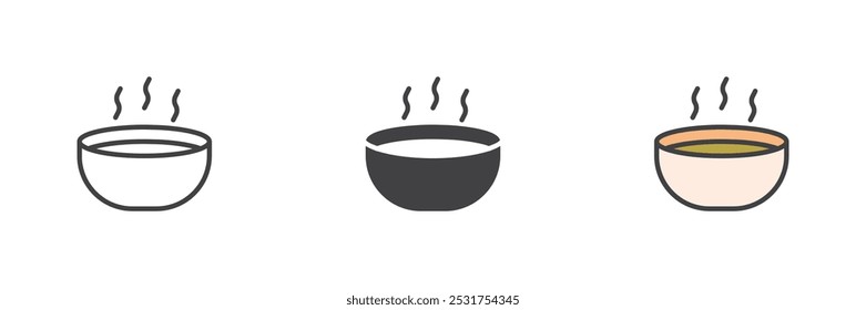 Conjunto de iconos de estilo diferente de tazón de sopa caliente. Línea, glifo y contorno relleno versión colorida, contorno y signo de Vector relleno. Símbolo, ilustración del logotipo. Gráficos de Vector