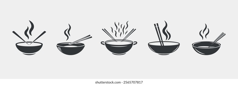 Hot Soup Bowl Icons with Steam, Chopsticks, Wok, Hotpot. Soup, Bowls, Chopsticks, Wok, Hotpot Monochrome Vector Illustration. Design Template for Asian Food Logo, Menu. Noodles, Ramen and Soup Designs