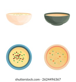 Hot soup icons set cartoon vector. Bowl of fresh vegetable soup. Vegan dish, healthy nutrition
