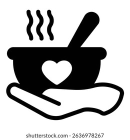 Hot soup plate in hand solid icon, charity concept. Vector graphics. Soup with spoon, hot dinner for free sign on white background, style mobile or design