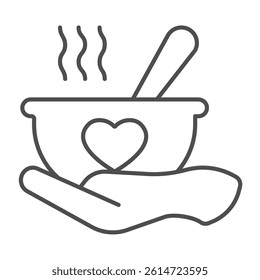 Hot soup plate in hand thin line icon, charity concept. Vector graphics. Soup with spoon, hot dinner for free sign on white background, linear style icon for mobile or web design