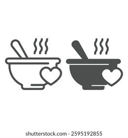 Hot soup plate with spoon and heart line and solid icon, charity concept. Vector graphics. Soup, hot dinner for free sign on white background, outline style icon for mobile or web design