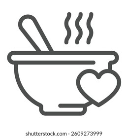 Hot soup plate with spoon and heart line icon, charity concept. Vector graphics. Soup, hot dinner for free sign on white background, outline style icon for mobile or web design