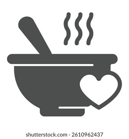 Hot soup plate with spoon and heart solid icon, charity concept. Vector graphics. Soup, hot dinner for free sign on white background, glyph style icon for mobile or web design