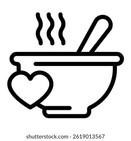 Hot soup plate with spoon and heart line icon, charity concept. Vector graphics. Soup, hot dinner for free sign on white background, style mobile or design