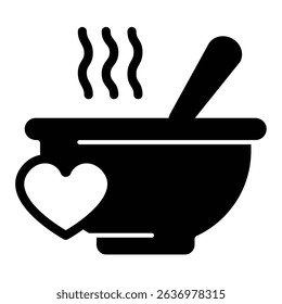 Hot soup plate with spoon and heart solid icon, charity concept. Vector graphics. Soup, hot dinner for free sign on white background, style mobile or design