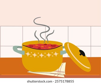 Hot soup in a pot on the kitchen table. Home cooking.