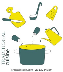 Hot soup recipe with kitchen utensils icons on white background. Traditional cuisine. Cooking vector illustration.