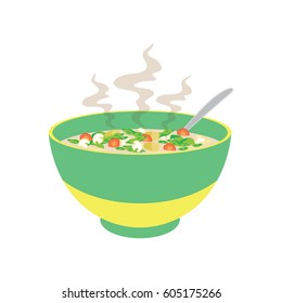 hot soup with vegetable, mushroom, carrot in chinese bowl and spoons on white background, vector illustration