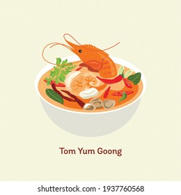 Sopa caliente y agria Ilustración tailandesa Tom Yum Goong