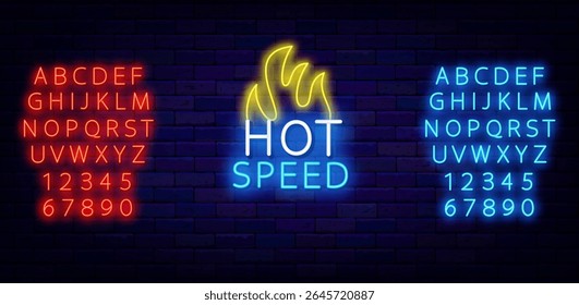 Hot speed neon label with fire. Auto rally. Drift show and championship. Vector stock illustration