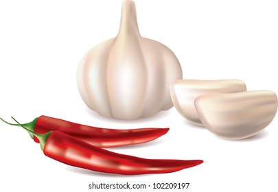 hot spices garlic and red chilli pepper isolated on white photo-realistic vector illustration