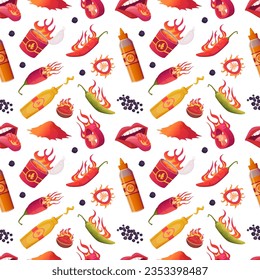 Hot spices pattern. collection stylized spicy chilli and fire pictures. Vector seamless background