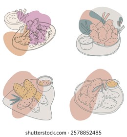 Hot and Spicey Buffalo Chicken Wings vector illustration, Drawn roasted chicken wings with celery stalks on a platter and sauce.