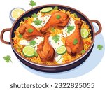 hot and spicy chicken biryani with roasted pieces and lemon illustration on isolated white background