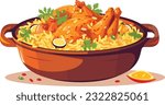 hot and spicy chicken biryani with roasted pieces and lemon illustration on isolated white background