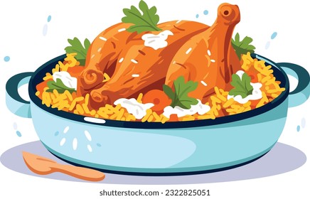 hot and spicy chicken biryani with roasted pieces and lemon illustration on isolated white background