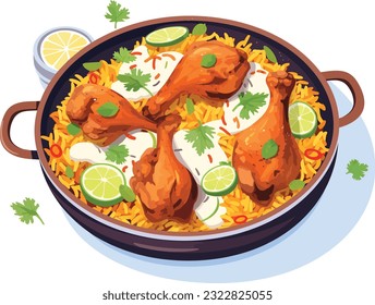 biryani de pollo picante y picante con trozos tostados e ilustración de limón sobre fondo blanco aislado