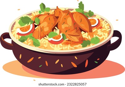 biryani de pollo picante y picante con trozos tostados e ilustración de limón sobre fondo blanco aislado