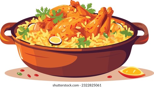 hot and spicy chicken biryani with roasted pieces and lemon illustration on isolated white background
