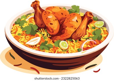 biryani de pollo picante y picante con trozos tostados e ilustración de limón sobre fondo blanco aislado