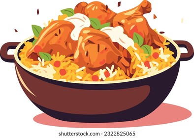 hot and spicy chicken biryani with roasted pieces and lemon illustration on isolated white background