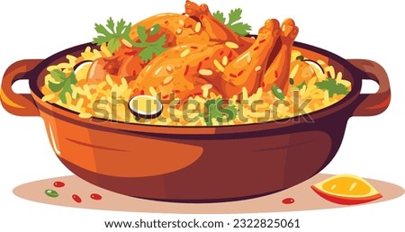 hot and spicy chicken biryani with roasted pieces and lemon illustration on isolated white background