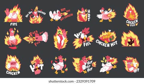 Hot Spicy Chicken with Fire and Chilli Pepper as Grill and Roast Sticker on Black Background Vector Set