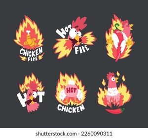 Hot Spicy Chicken with Fire as Grill and Roast Sticker Vector Set